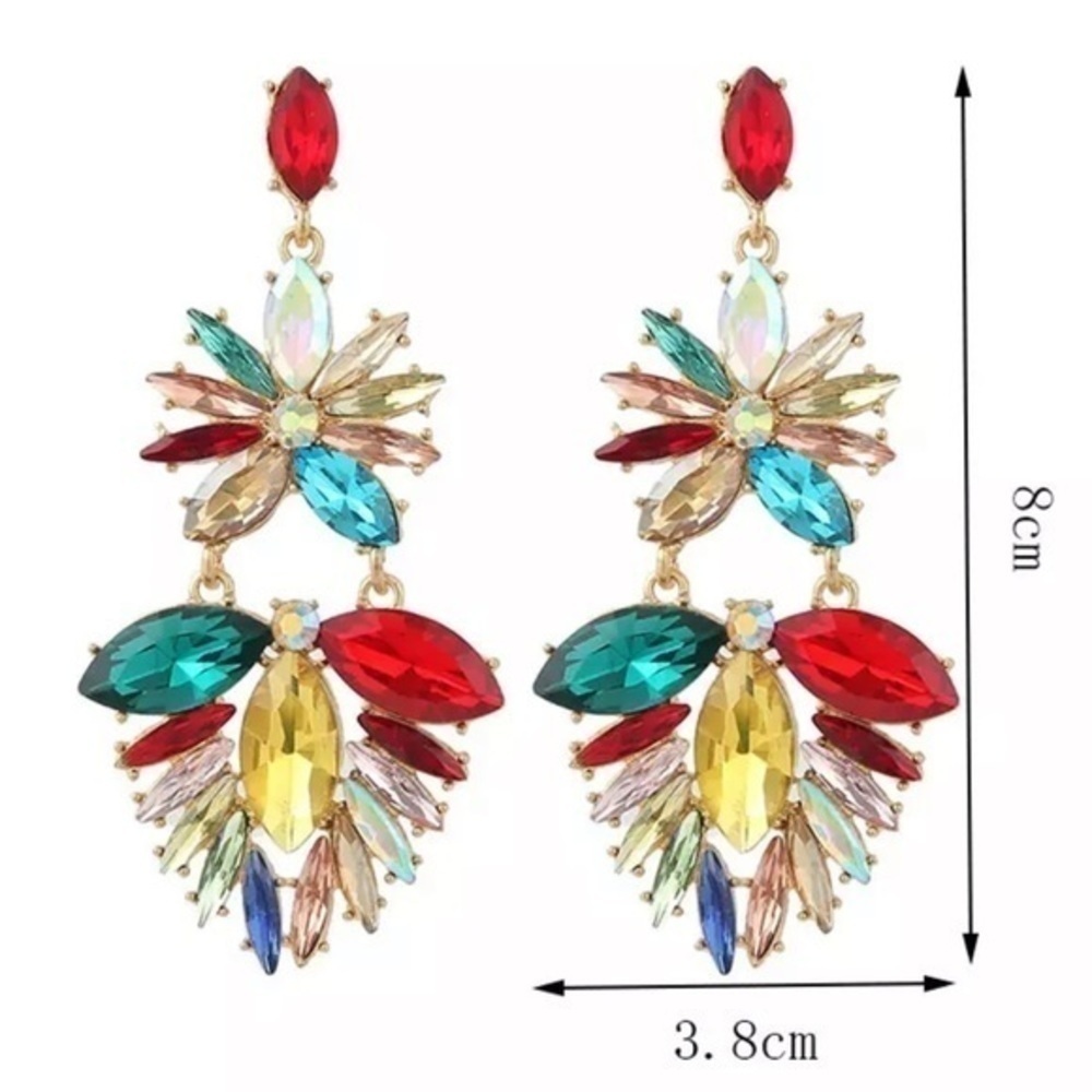 Multi Color Rhinestone Dangle Earrings - Picture 2 of 2